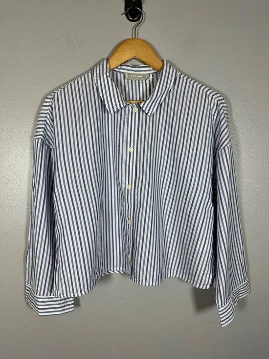 Everlane Cropped Striped Cotton Button Down The Woven PJ Top NWT Medium - Picture 5 of 13